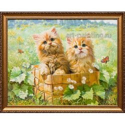 Картина маслом "Котята в корзине" Дельцов