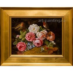 Картина маслом"Натюрморт с цветами и птицами" Кривонос