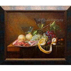 Картина маслом "Крабы и креветки на оловянном блюде с виноградом" Некрасов