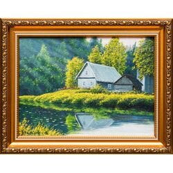 Картина маслом "Деревня у реки" Тимофеев