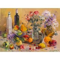 Картина маслом "Натюрморт с розами и сиренью" Долматов