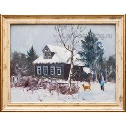 Картина маслом "Снежно в деревне" Рубцова